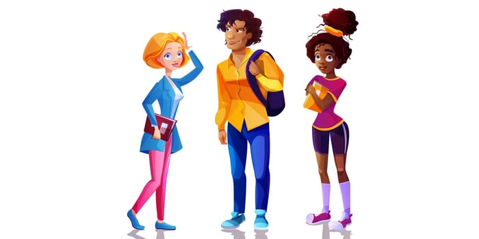 Group of diverse modern students standing together cartoon vector illustration. Multicultural young people in casual clothes with backbackpack and books isolated on white background.
