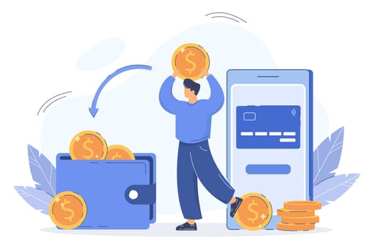 Flat man paying online and receiving cashback to e-wallet. Bonus money or reward back on credit card for purchase. Coins transfer from smartphone to wallet. Cash refund. Financial savings concept.