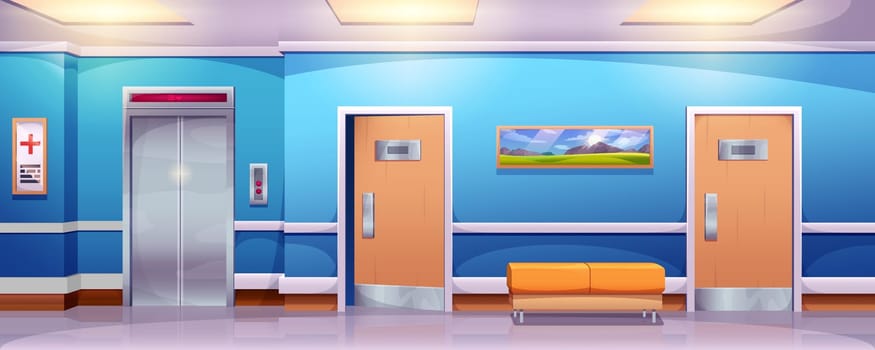 Hospital corridor interior vector cartoon illustration. Empty hall in medical clinic with elevator, sofa and doors to wards. Waiting hallway or lobby for patients with couch and lift.