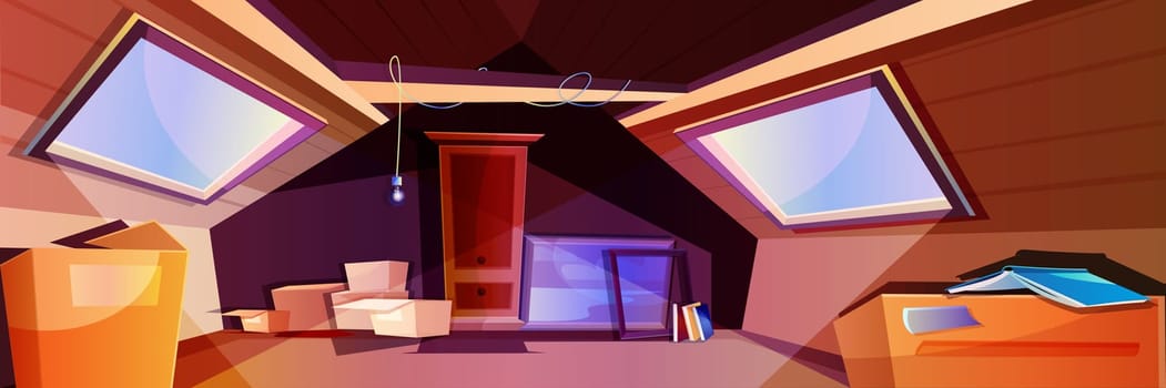 House attic interior cartoon vector illustration. Mansard room with wooden wardrobe, carton boxes and window in roof. Garret place with wood floor, ceiling beam, old things and scattered books.