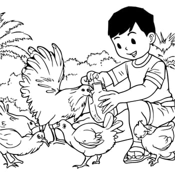 A Boy Feeds Chickens Coloring Pages For Kids