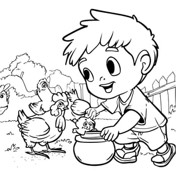 A Boy Feeds Chickens Coloring Pages For Kids
