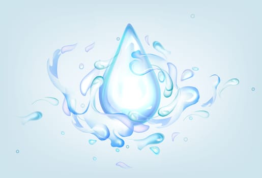Blue drop with water splashes. Realistic 3d vector Illustration of fluid splashing isolated on light background. Liquid waves with swirls, clear pure aqua element with spray droplets. Hydration ad.