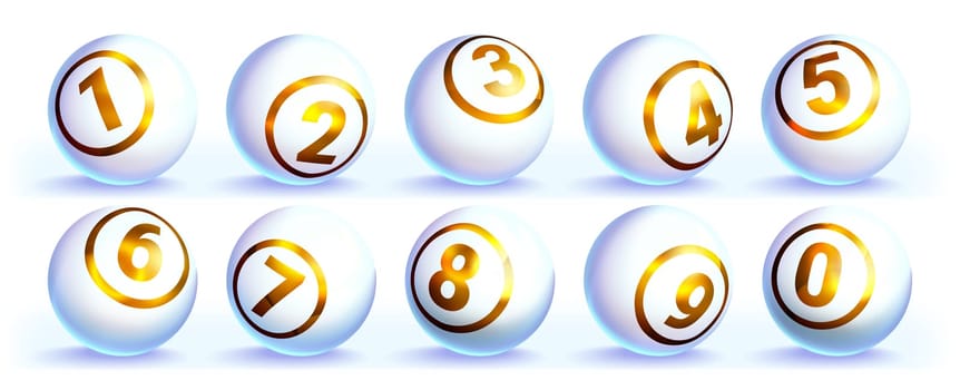 Lotto white balls with golden numbers vector realistic illustration. Lottery gambling glossy spheres. Snooker, leisure sport game or billiard bingo ball isolated on white background.