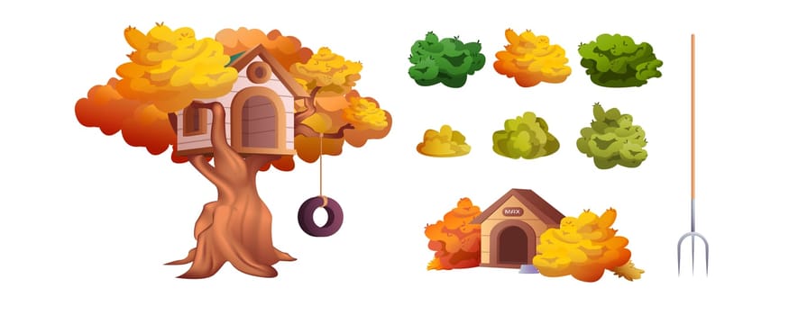 Vector set outdoor plants on white background. Cartoon orange and green different shape bushes and tree. Wooden treehouse for kids on backyard and dog kennel. Woody plant with dense foliage cover.