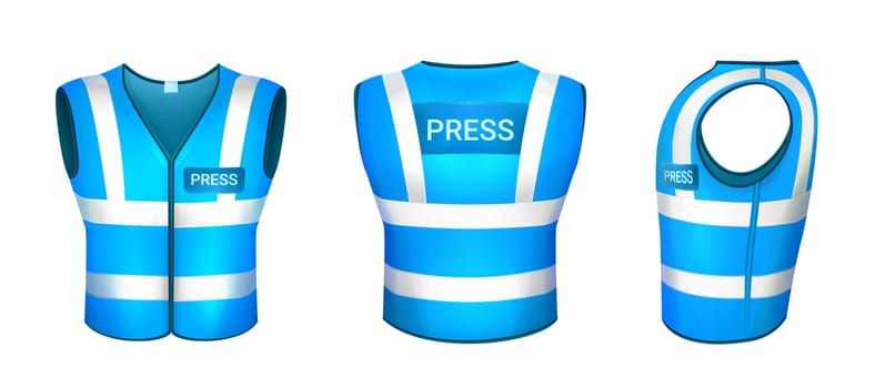 Blue safety vest for press with reflective elements, fluorescent stripes. Protective uniform or hi-vis clothing for reporters, journalists and mass media worker. Waistcoat in back, front and side view