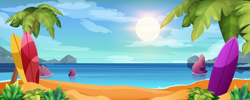 Surfboards on sandy beach. Summer surfing activity, sports recreation cartoon vector illustration. Tropical landscape with palm trees, rocks in water and mountains on horizon. Sea leisure hobby.