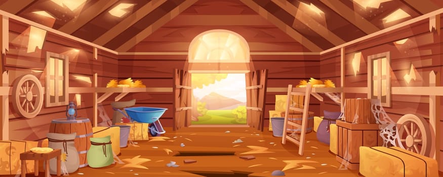 Cartoon abandoned farm barn interior with destroyed floor, walls and spiderweb. Wooden neglected ranch with haystacks, sacks and old agricultural tools. Deserted rustic storehouse building inside view
