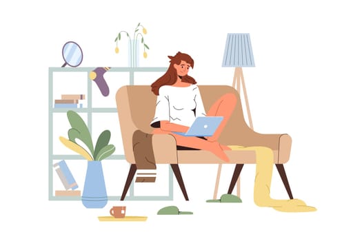 Unofficial girl sitting on sofa with laptop and studying. Young woman freelancer working on computer. Remote online work on freelance. Home office concept. Flat vector Illustration.