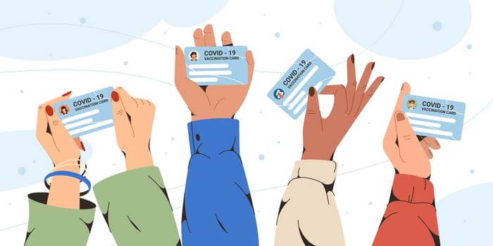 Flat hands holding vaccination record card. Vaccinated people hold health passport. Personal coronavirus vaccine information, individual immunity certificate. Protection from virus.