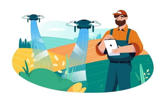 Flat farmer use tablet for control quadcopter drone to automate irrigation of agricultural field. Smart farming and innovation technology in agriculture. Farm industry, spray fertilizer concept.