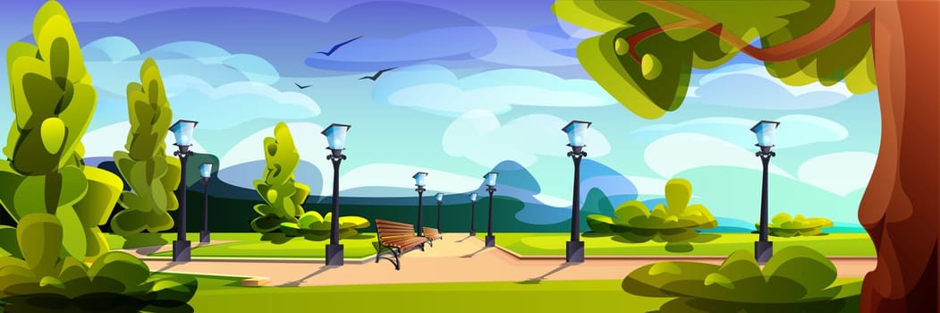 Empty city park with wooden benches, green trees and street lamps along pathway. Public place for walking and recreation. Vector cartoon summer landscape with urban garden, lanterns and birds.