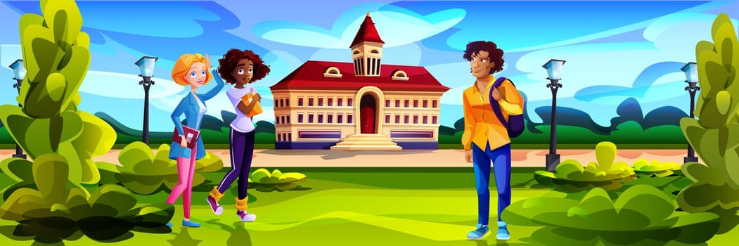 Students in front of college campus building at green yard cartoon vector illustration. Landscape with education house of university or public library. Multiracial teenagers near high school.