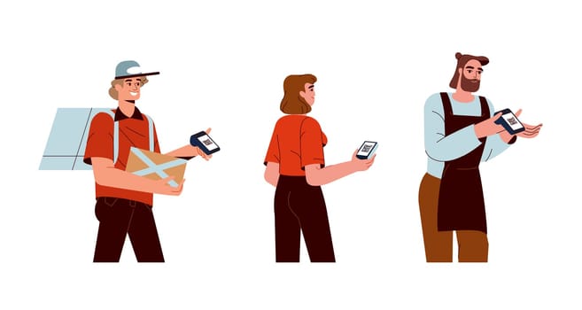 Sellers hold cashless payment machine. Waiter, cashier and courier with pos terminal with scanning QR code from mobile app. Contactless system of pay concept flat vector illustration.