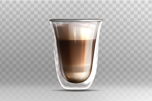 Realistic vector illustratin of coffee latte in glass cup with double walled on transparent background. Cappuccino drink with milk foam on top. Mockup template for branding, or product design.