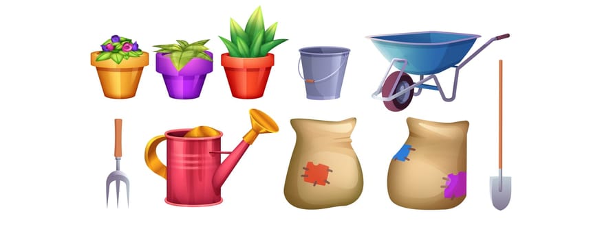 Set of indoor gardening tools isolated on white background. Cartoon plant in pot, wheelbarrow, shovel, pitchfork, watering can. Hand equipment for garden. Soil in bag for planting flowers on backyard.