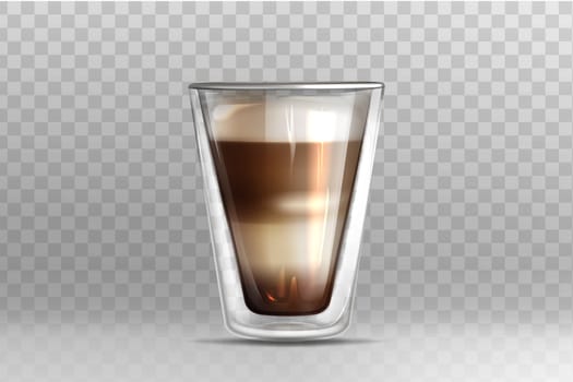 Realistic vector illustration of hot coffee in glass cup with double walled on transparent background. Cappuccino or latte drink with milk foam on top. Mockup template for branding or product design.