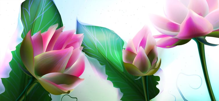 Beautiful pink lotus flowers with green leaves close up realistic vector illustration. Water lily or aquatic plant on green stem. Blossom flower and opening bud of waterlily.