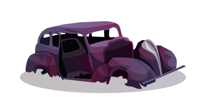 Cartoon burned passenger car after cataclysm or explosion. Destroyed transportation in war zone. Abandoned broken old automobile after natural disaster or earthquake isolated on white background.