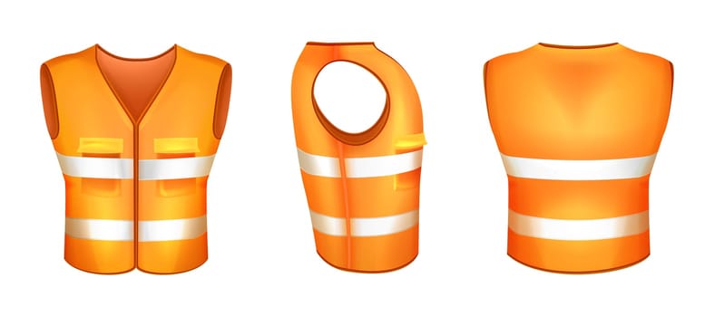 Realistic orange safety vest with reflective tape. Protective uniform with fluorescent stripes or hi-vis clothing for workers. High visibility waistcoat. Fluorescent personal protective workwear.