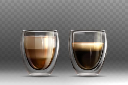 Realistic vector illustration set of hot coffee in glass cups with double walled on grey background. Americano and cappuccino drink with milk foam. Mockup template for branding or product design.