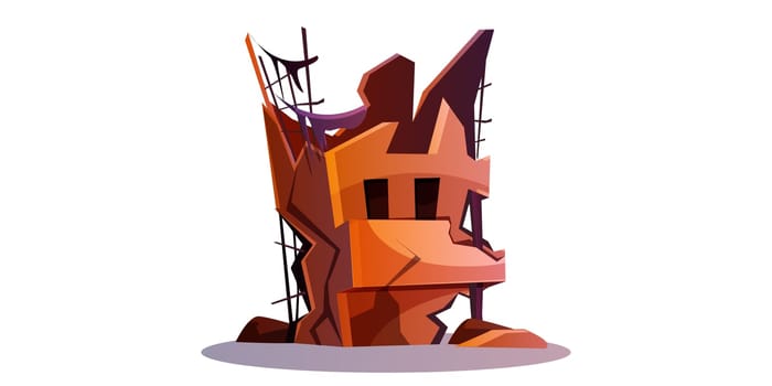 Destroyed building after cataclysm or war. Abandoned broken city house cartoon isolated vector illustration. Damaged structure or derelict town ruins after natural disaster, earthquake or explosion.