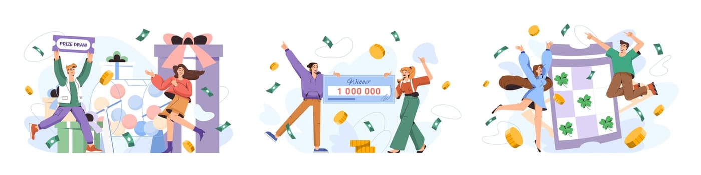 Lottery win flat vector illustration set. Lucky winners playing lotto, take part in prize drawing and receive money prize in gambling games. Happy people winning prizes. Luck and fortune concept.