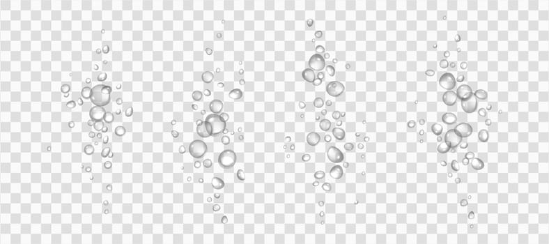 Effervescent water or oxygen fizz, white air bubbles realistic 3d vector illustration. Moving underwater fizzing. Soda or champagne drink design elements isolated on transparent background.