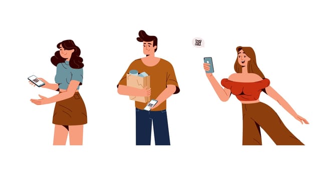 QR code scanning concept. Buyers paying by mobile app on smartphone. People use mobile phone for online cashless transaction, scan barcode. Contactless payment system vector flat illustration.