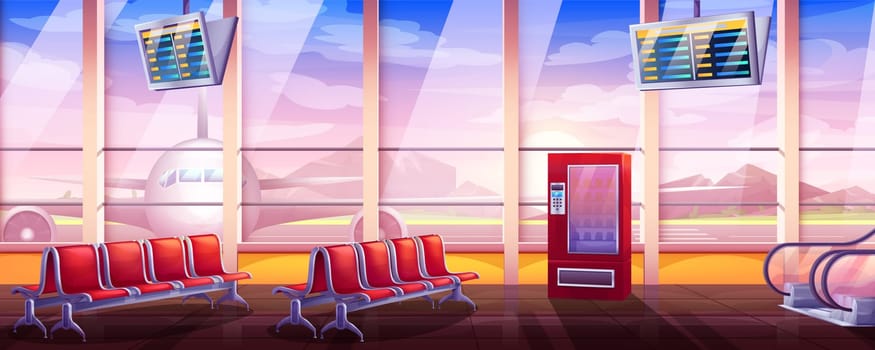 Cartoon vector illustration of empty airport lounge with waiting area. Terminal interior with schedule display, seats, escalator and vending machine. Departure hall with window and aircraft outside.