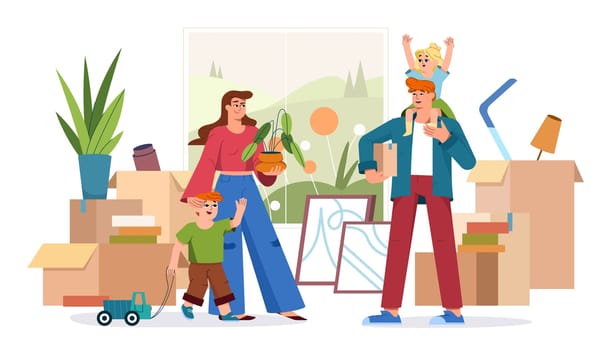 Flat happy family moving into new house. Smiling parents with kids carrying cardboard boxes, household items and houseplant in apartment. Joyful young couple with children hauling belongings.