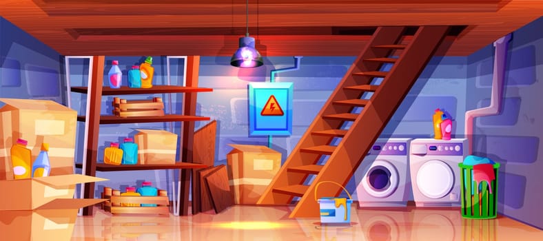 Cartoon interior of basement with wooden ladder. Home cellar in cottage with laundry room. Storehouse with washing and dryer machines, shelves with carton boxes, detergents and basket with dirty linen