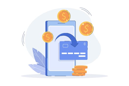 Flat receiving cashback bonus from paying online. Coins transfer from smartphone to e-wallet or banking credit card. Money reward program from purchase. Cash refund, financial savings concept.