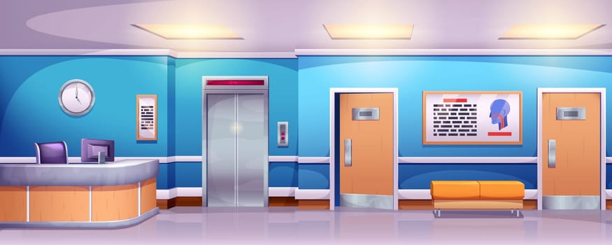 Cartoon empty medical clinic hall with reception desk and elevator. Hospital corridor interior with lift and sofa vector cartoon illustration. Waiting hallway or lobby with chairs and doors to wards.
