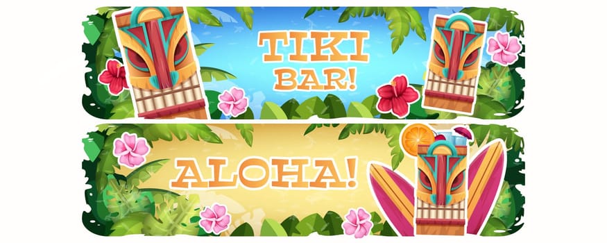 Banners with traditional wooden tribal mask, tropical hawaii exotic plants and flowers. Invitation posters for hawaiian aloha party with tiki bar on white background. Cartoon vector illustration.