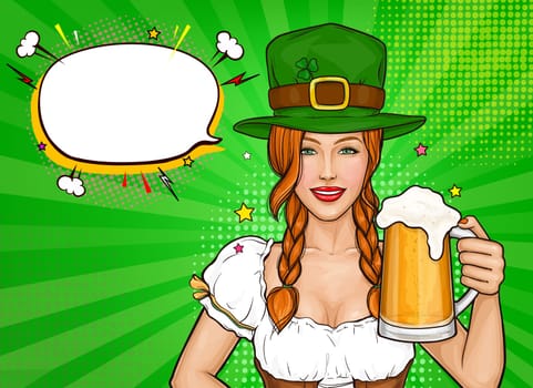 Happy St Patrick's day pop art vector illustration. Young woman in green hat with clover and glass of beer in hand. Smiling waitress girl with shamrock holding alcohol drink. Irish celebration concept