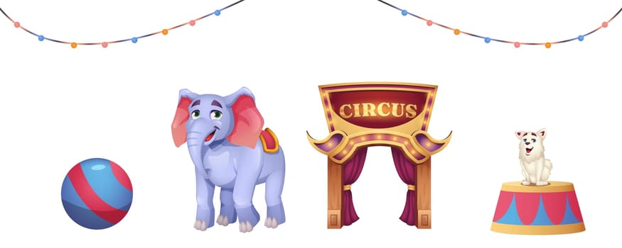 Cartoon set of circus elements with animals and entrance to cirque isolated on white background. Round stage with dog, elephant with ball and lighting garland for funny performance or carnival show.