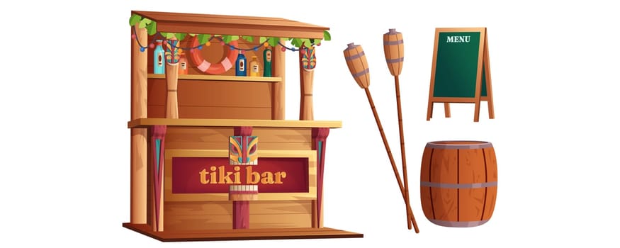 Cartoon set of summer hawaiian elements with hawaii totem, wooden beach cafe and drinks for ocean party. Tiki bar with tribal masks, torch, barrel and menu board isolated on white background.