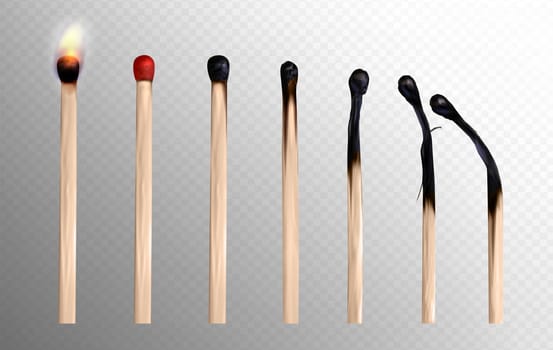 Realistic 3d vector illustration closeup set of whole and burnt wooden matchsticks. Stages of match burning from fire isolated on transparent background. Charred wood stick. Ignition concept.