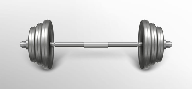 Metal realistic fitness barbell. Gym exercise equipment for bodybuilding training isolated on grey background. Silver iron sport object for weightlifting workout. Powerlifting gear for strong muscles.