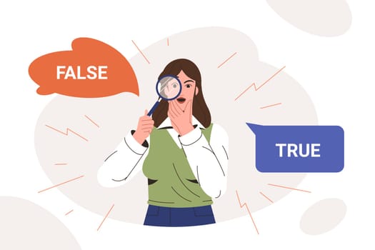 Woman choose option between false and true in speech bubbles flat vector illustration. Astonished girl looking through magnifying glass and comparing untruth and honest. Woman doubting and thinking.