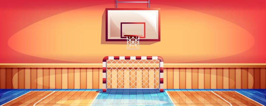 Cartoon school gym interior with gymnasium basketball court. Sport ground with wooden floor, hoop and football goal. Soccer arena for active games and exercises. Empty training room with basket.