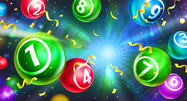Realistic lotto balls with lucky winning combination numbers. Colourful round spheres falling with gold confetti. Bingo or lottery gambling games. Gaming leisure activity, jackpot or raffle concept.