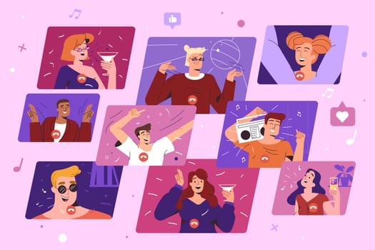 Online party flat vector illustration. Happy people with champagne dancing and chatting online. Virtual meeting with friends, celebration birthday by internet. Holiday event from home via videocall.