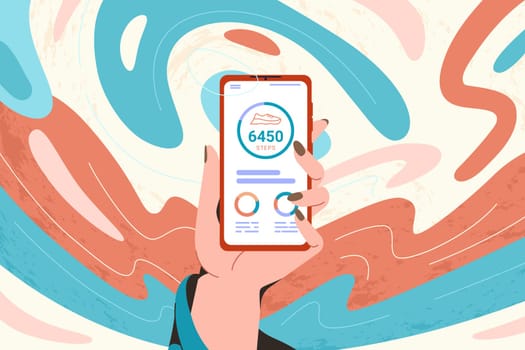 Hand woman hold mobile phone with pedometer or fitness tracker. Step counter app on smartphone flat vector illustration. Sensor to count steps and track daily walking progress on device screen.