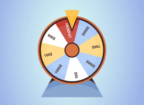 Colorful spinning fortune wheel. Lucky roulette in gambling game flat vector illustration on blue background. Gamble leisure or casino. Win money prize in lottery or hit jackpot concept.