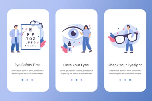 Flat ophthalmologist doctor with magnifier in hands check eyesight. Eye testing or vision correction vector website template. Care eyes concept with drops and eyeglasses. Landing page design for app.