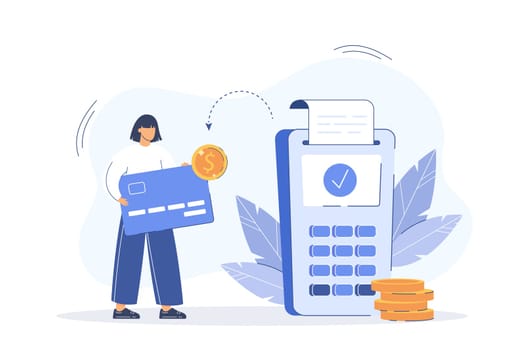 Online cashback and financial savings flat vector illustration. Customer woman paying by cashless pos terminal and back money bonus, refund coins on banking credit card. Reward loyalty program concept