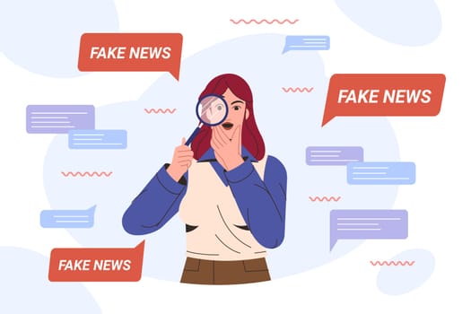 Flat amazed woman with magnifying glass research on fake news spreads in social media. Woman shocked from article in online press with disinformation, falsehood and lies. Spread of false information.