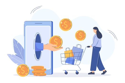 Cashback refund or financial savings flat vector illustration. Hand from smartphone give to woman money cash back for online purchase. Girl with shopping cart receiving bonus golden coins and reward.